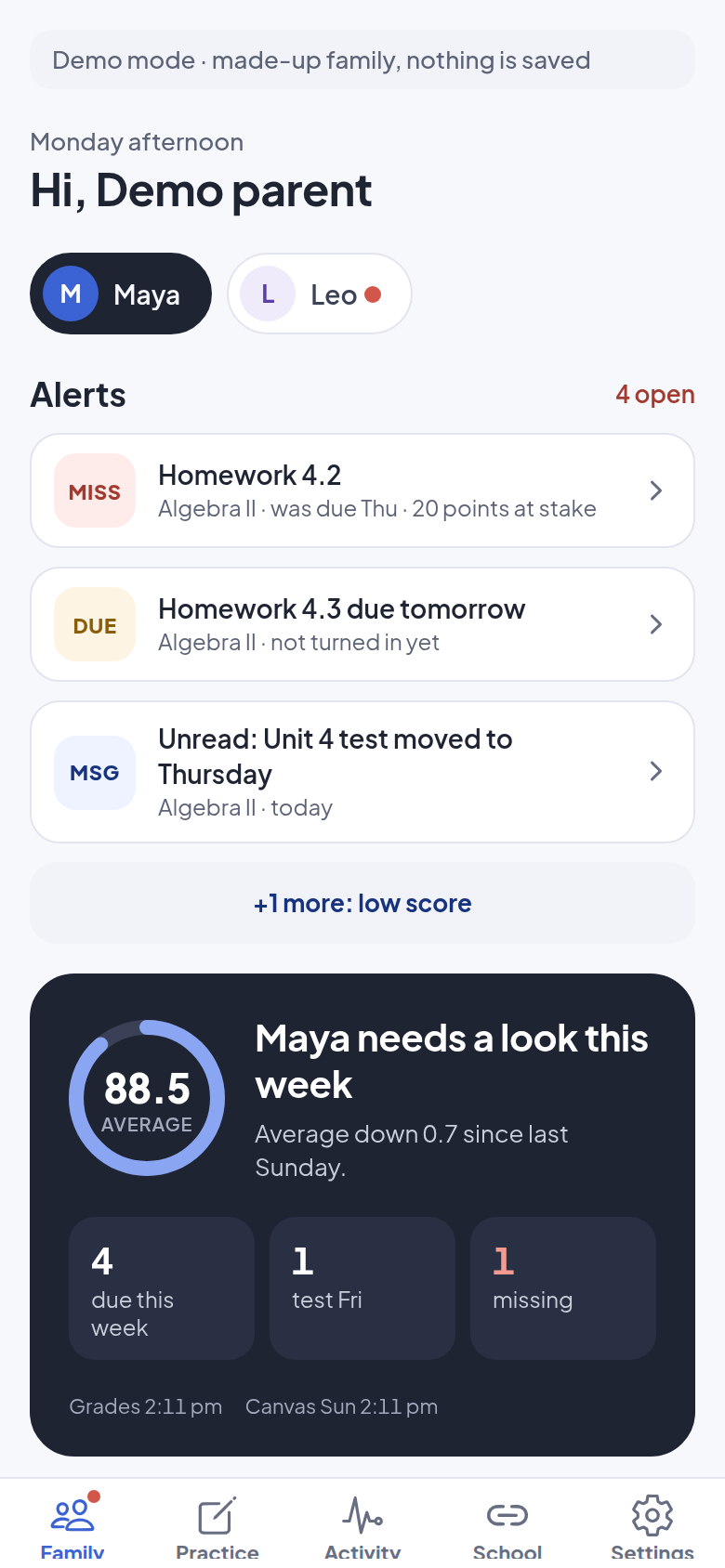 The app's Family page for a sample family: the child pills, then alerts first (missing homework, homework due tomorrow, an unread teacher message) above the week's status.